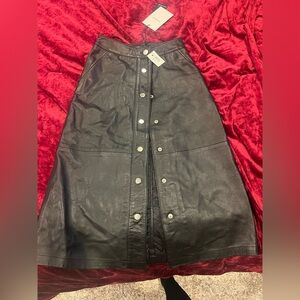 Black Leather Midi Skirt with Button Detail